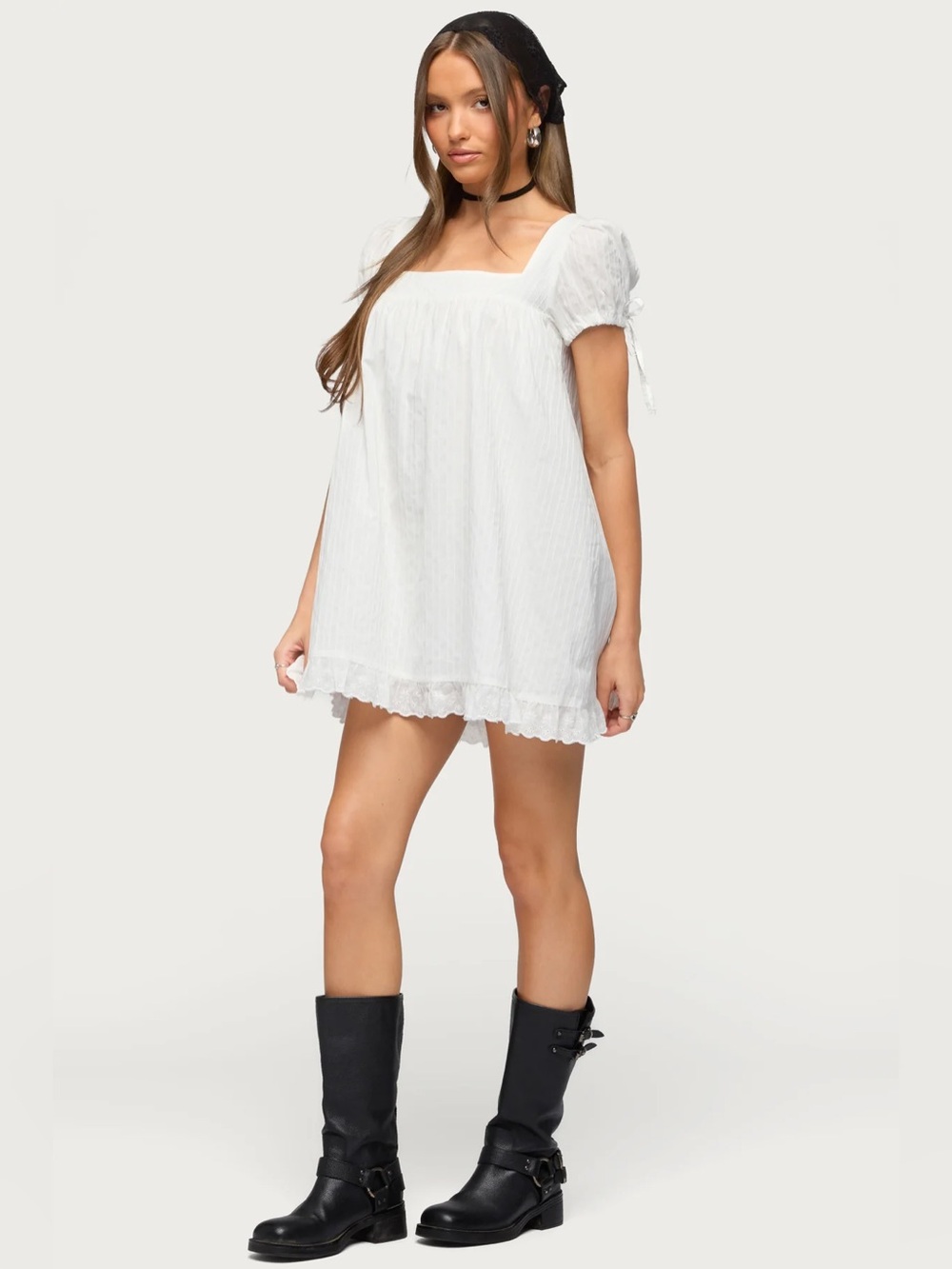 Edikted Sepid Striped Cotton White Mini Babydoll Dress NWT Medium - Picture 3 of 4